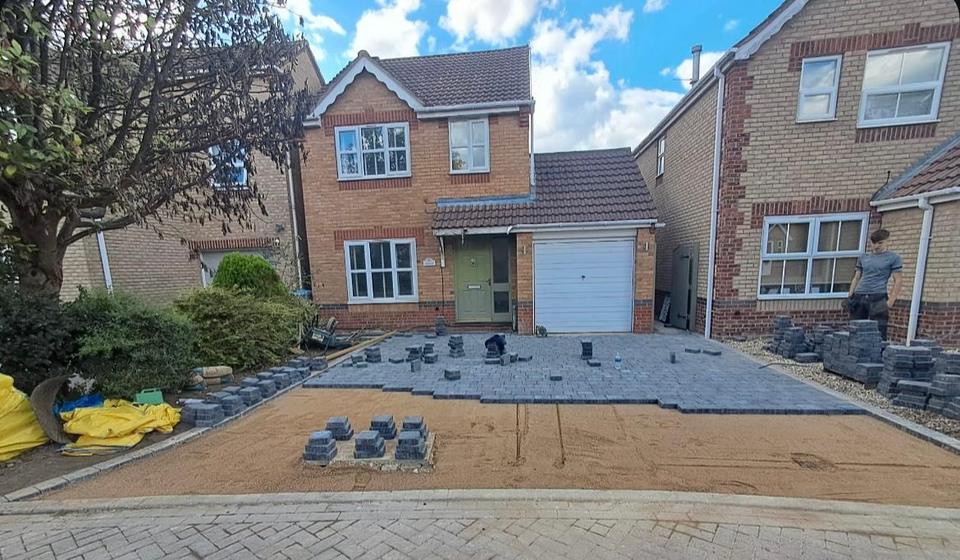 Block-paved driveway part-way through installation outside a house in Newark-on-Trent, laid by H.J.C Landscaping